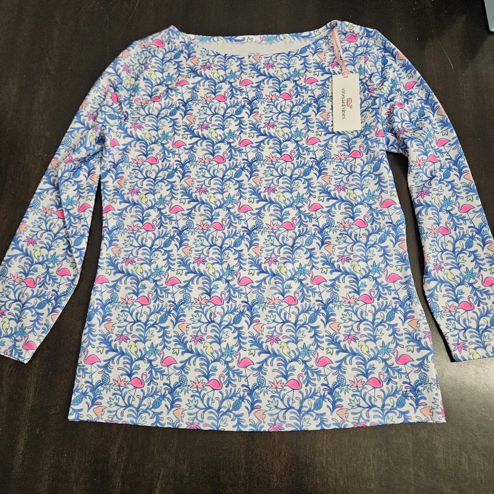 NWT Vineyard Vines UPF Simple Boatneck Shirt Top in Otomi Blue Size XS New